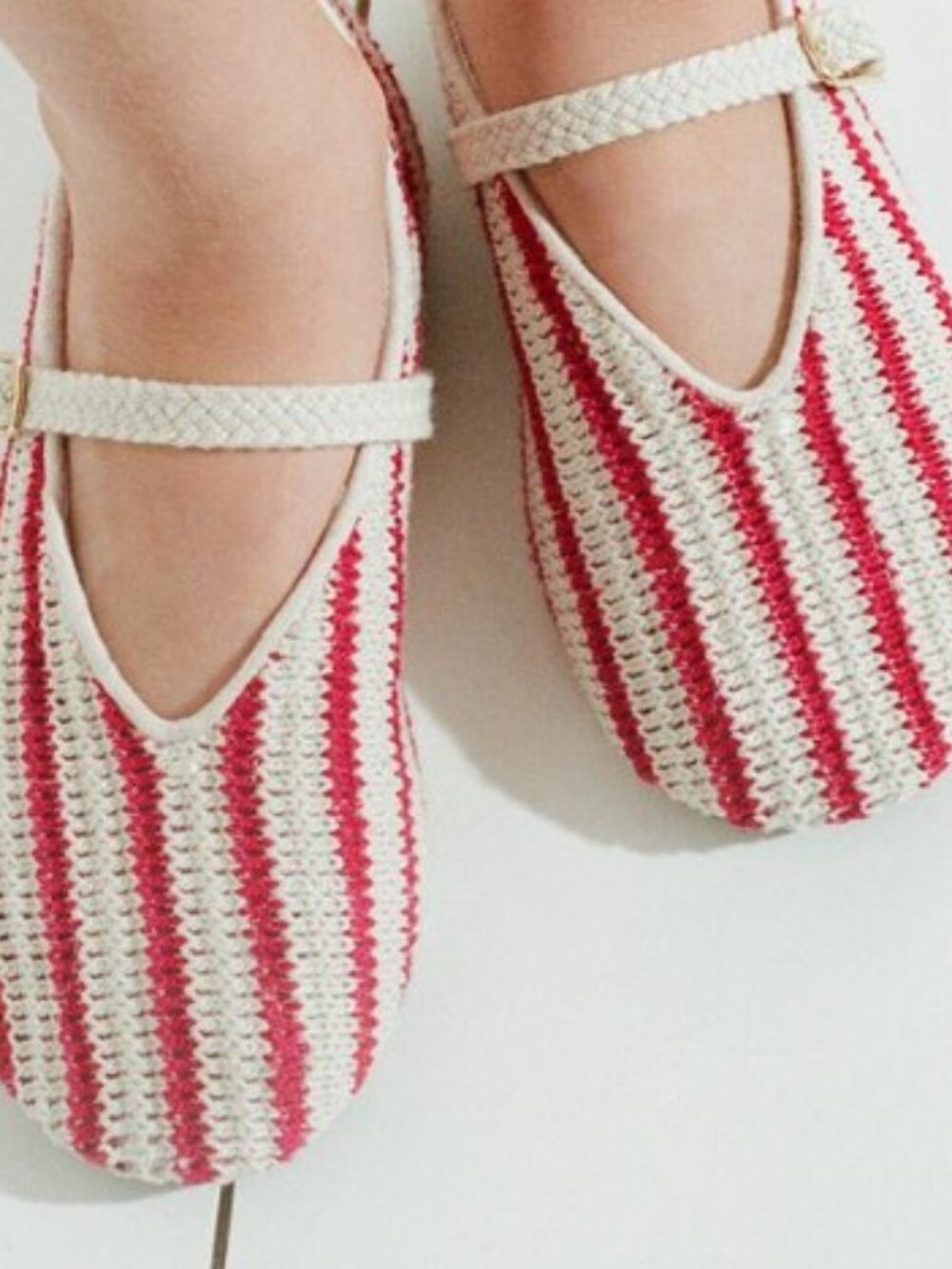 Zara Red and White Striped Crochet Mary Jane Flats